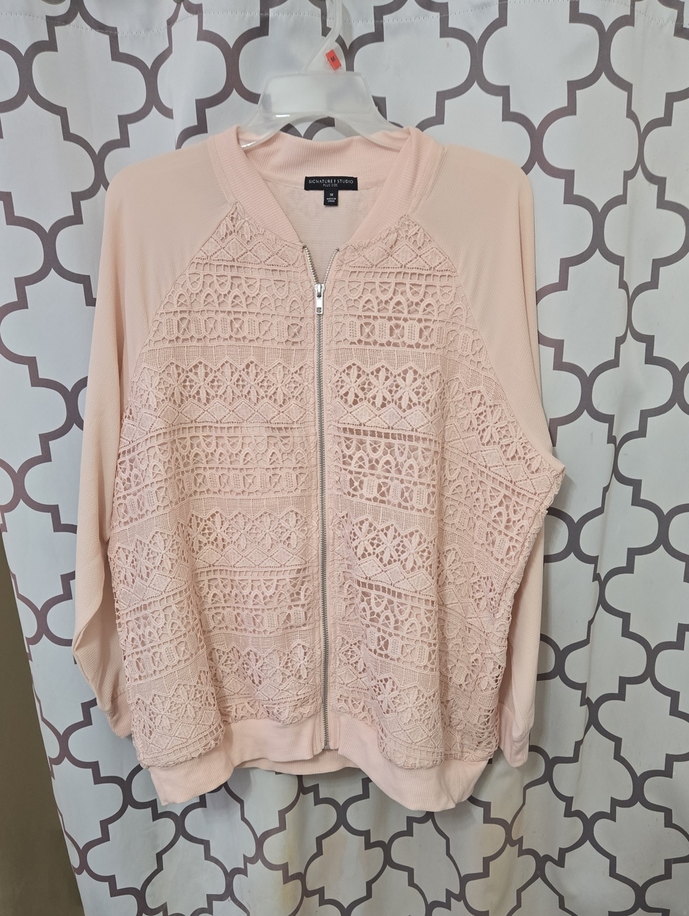 Signature Studio Light Pink Crochet-Front Bomber Jacket